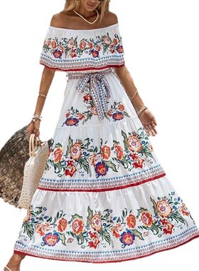 一字肩印花收腰大摆连衣裙One-shoulder printed big swing dress