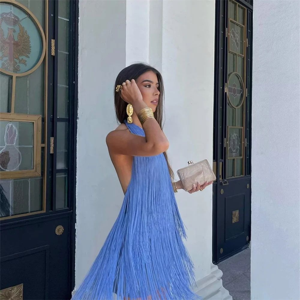时尚挂脖无袖流苏连衣裙