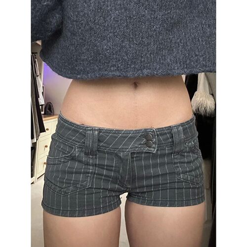 美式条纹撞色双排扣牛仔短裤女