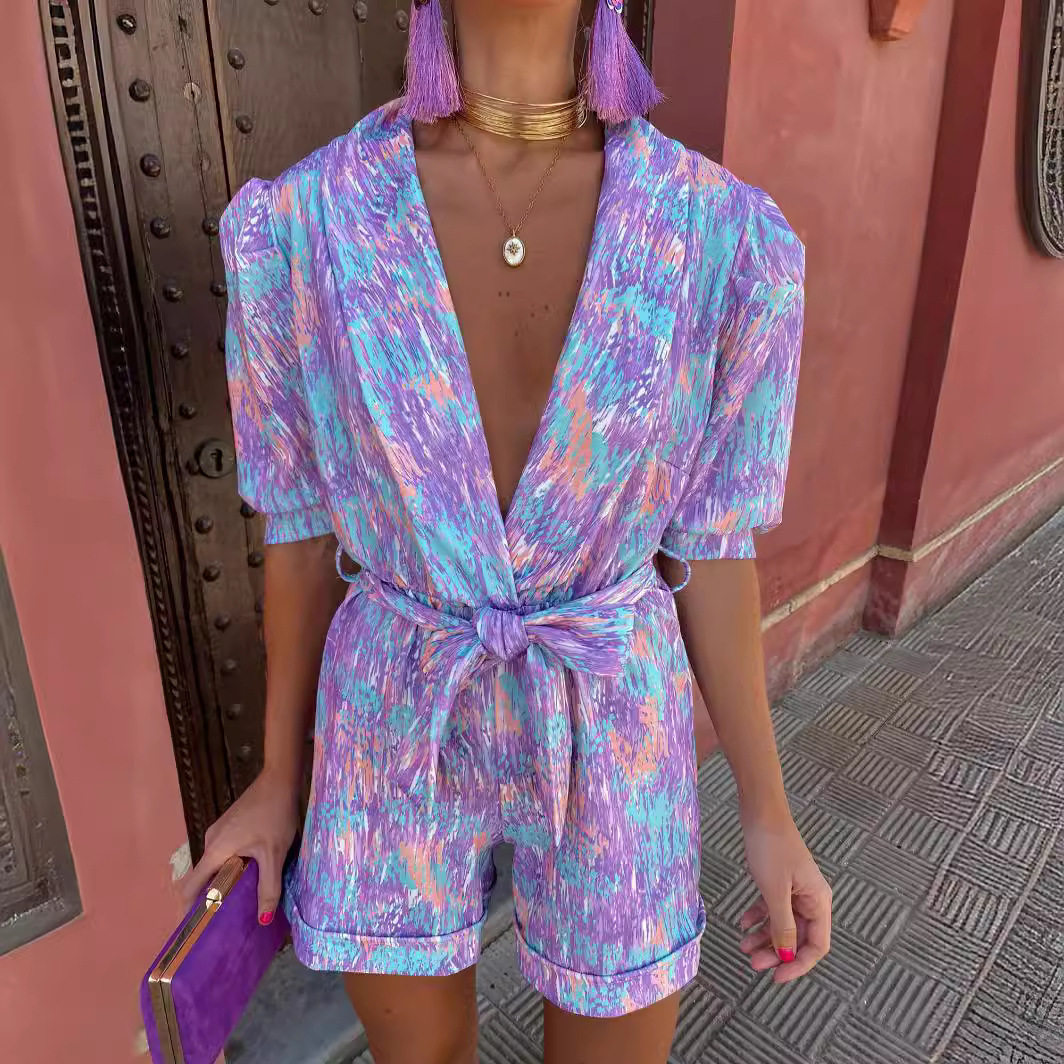 复古印花松紧腰带连体裤 Retro printed elastic belt jumpsuit
