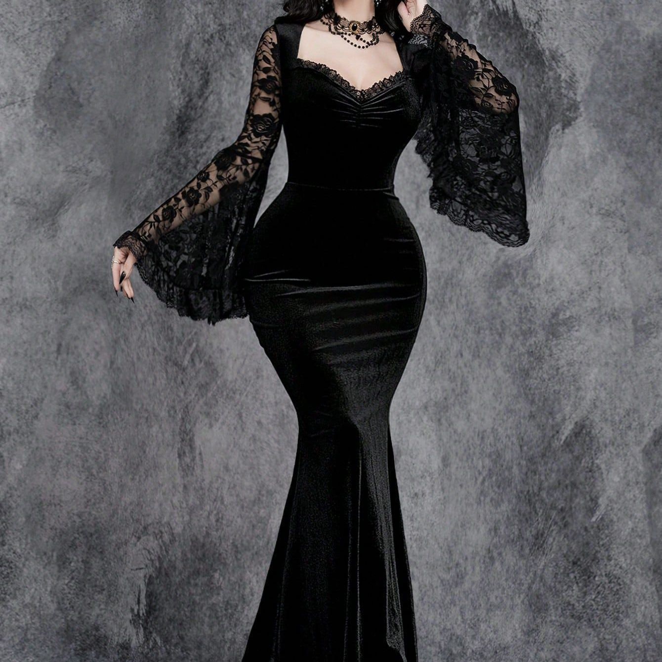 万圣节蕾丝拼接鱼尾连衣裙