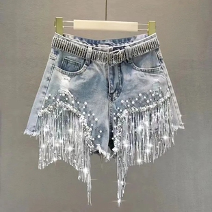 美式高腰钉珠镶钻破洞阔腿短裤Sequin Ripped Wide Leg Shorts
