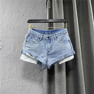 女Light Denim Blue Waist Shorts Low 欧美辣妹低腰牛仔A字超短裤