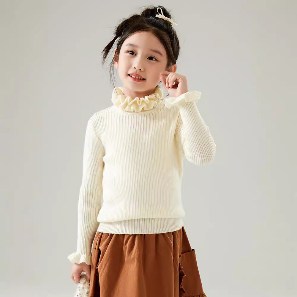 【舒淇同款】儿童纯羊毛双层木耳领花朵女童毛衣羊毛打底衫宝宝时