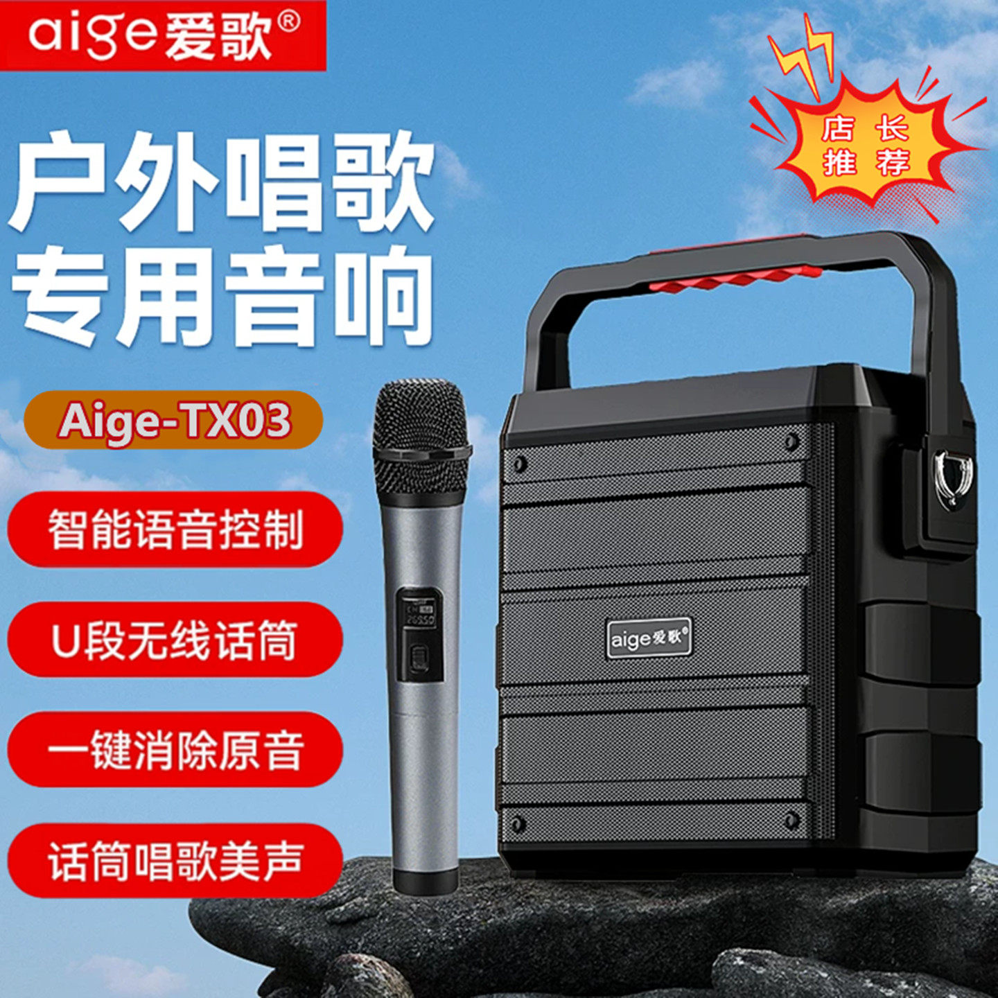 爱歌 TX03户外广场舞音响便携式蓝牙网红k歌音箱家庭唱歌带双话筒