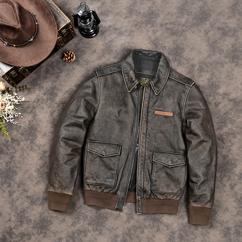 美式A2飞行服做旧牛皮皮衣外套男