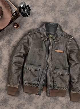 复古做旧皮衣男士头层牛皮A2飞行员皮夹克美式工装翻领全真皮外套