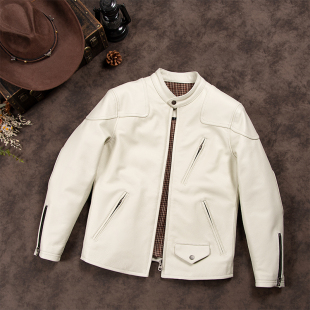 立领皮夹克头层牛皮机车服白色修身 美式 外套 真皮皮衣男士 毒液同款