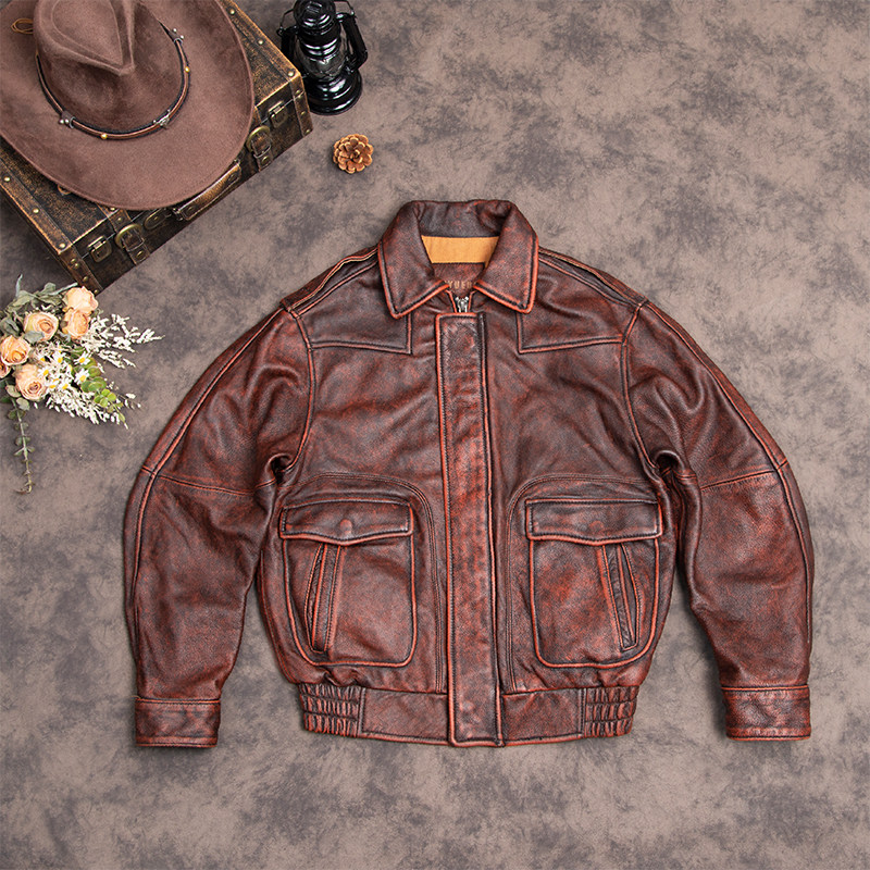 港风宽松飞行夹克头层牛皮复古胖子短款皮衣男大码机车服加肥外套