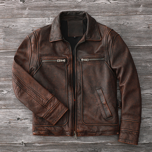 复古风格黄牛皮皮衣男真皮水洗石磨做旧经典纯皮夹克型男翻领外套