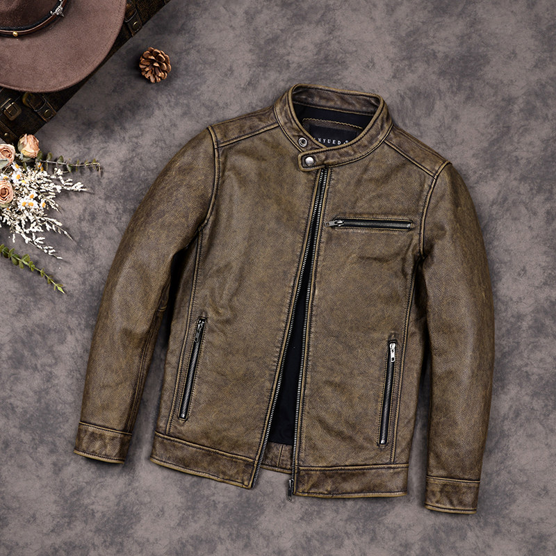 头层牛皮复古真皮皮衣阿美咔叽机车皮夹克做旧短款修身立领外套男