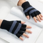 儿童手套露手指秋冬加绒骑车防寒薄款 条纹漏指半截保暖写字小学生