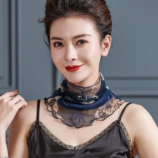 夏季防晒真丝网眼小丝巾脖套桑蚕丝围脖女士空调套头网纱围巾夏天