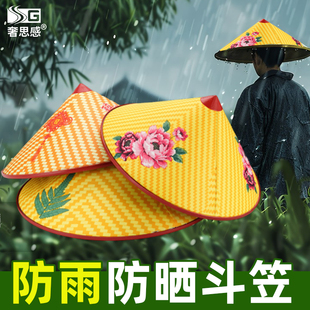 下雨戴的帽子斗笠男大檐防雨遮阳帽道具装饰遮雨帽农民草帽钓鱼帽