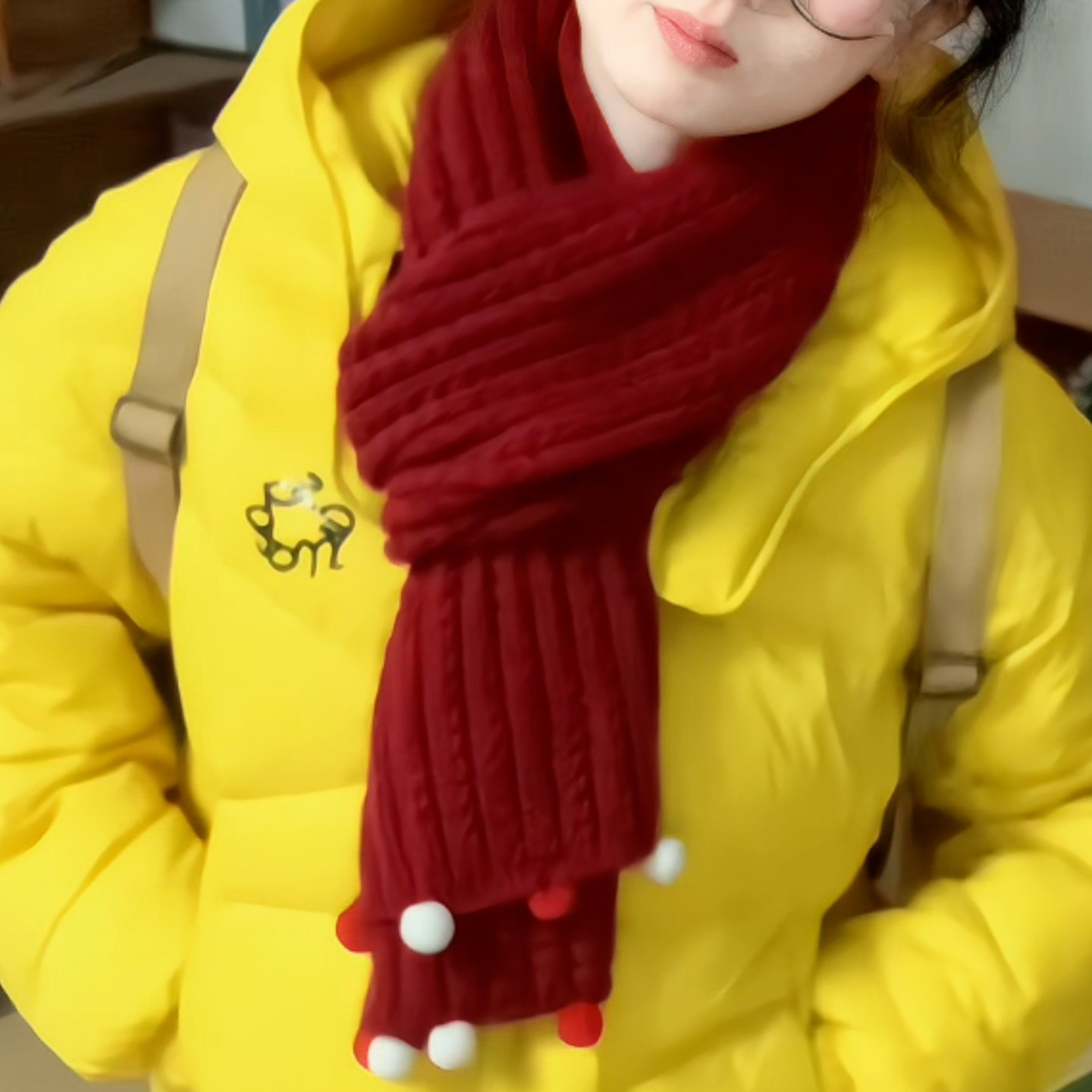 新年红!复古红白球球毛线围巾女秋冬加厚保暖针织围脖软糯风显白