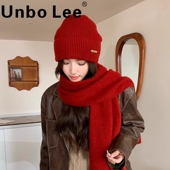 羊毛混纺冬季 Unbo Lee纯色针织帽子围脖两件套女韩版 百搭保暖围脖