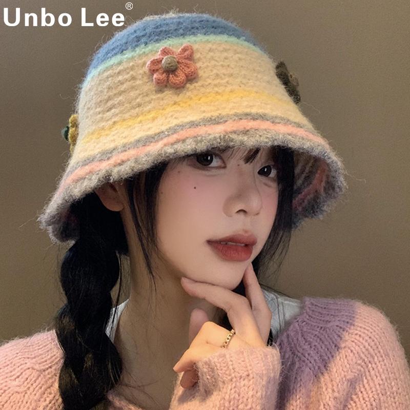 UNBOLEE毛线帽女秋冬花朵渔夫帽