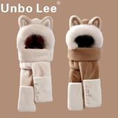 Unbo Lee狐狸耳朵毛绒帽子围巾手套三件套女冬季 保暖加绒加厚围脖
