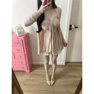 微胖辣妹修身 韩系chic别致套装 粉色外搭开衫 女夏季 显瘦上衣潮 新款