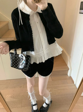 小众黑色长袖开衫娃娃领设计上衣两件套女秋季新款甜美纯欲风套装