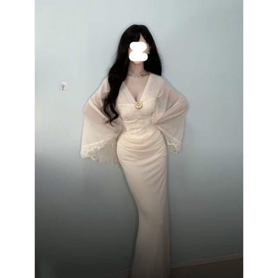 法式新款高级感轻奢蕾丝连衣裙女大码mm性感收腰生日裙鱼尾长裙