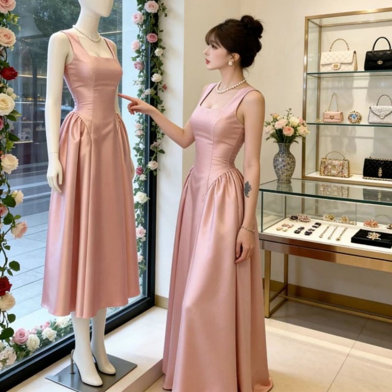 法式优雅千金风粉色吊带连衣裙女新款微胖名媛气质收腰长款大摆裙,女装/女士精品,连衣裙,淘宝优惠券,粉丝福利购,淘宝优惠卷