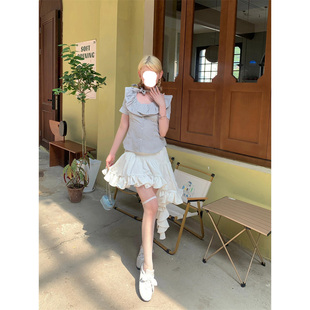 小众设计感甜美温柔风修身 上衣夏季 法式 显瘦条纹短袖 新款 百搭衬衫