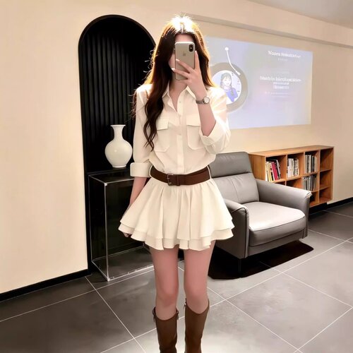 超仙绝美温柔千金度假风白色显瘦短裙秋季新款轻奢衬衫裙＋腰带