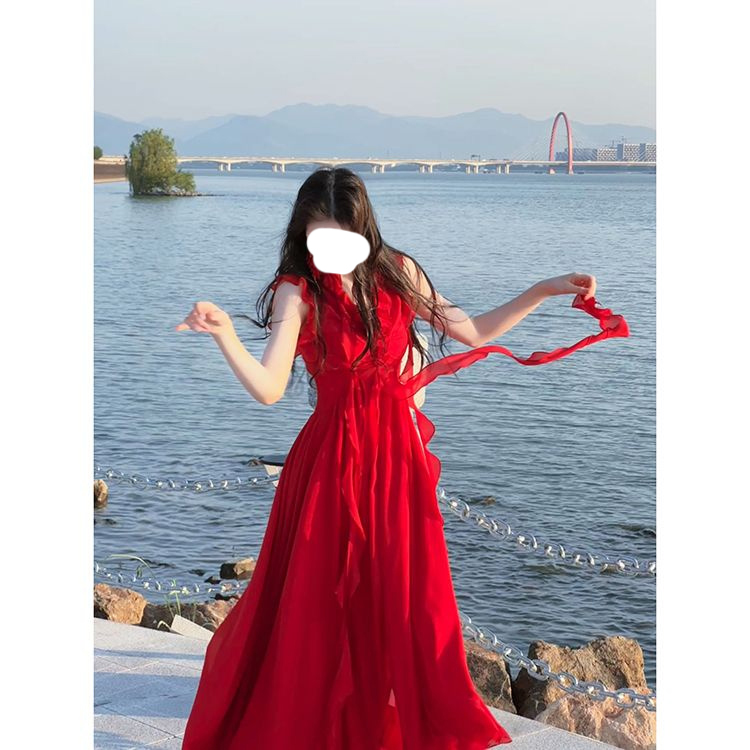 法式复古微胖MM红色飘带连衣裙女夏季新款海边度假风修身显瘦长裙