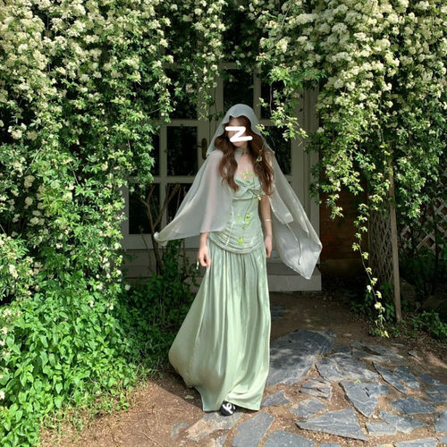 绿色森系套装女蝴蝶结设计开衫修身显瘦纯欲气质蝴蝶结连衣裙套装