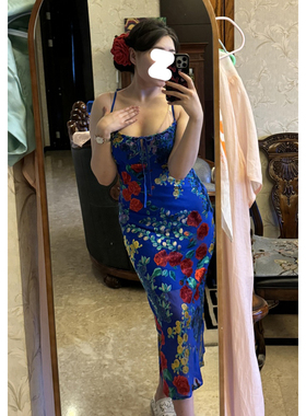 法式小众设计时尚性感辣妹御姐气质新款微胖大码蓝色印花长连衣裙