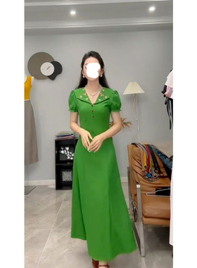 时尚夏季新款设计翻领绿色短袖连衣裙度假风优雅收腰显瘦中长裙女