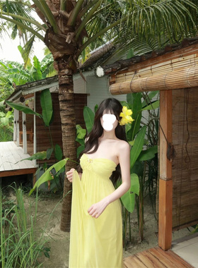 法式绝美黄色网纱挂脖连衣裙女新款海边度假气质纯欲性感辣妹长裙