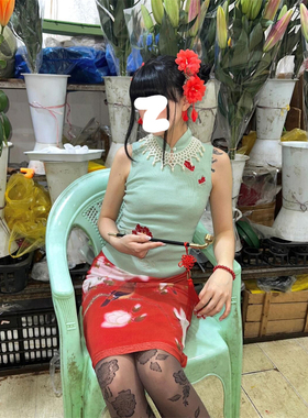 夏季新中式古典温婉韵味风花鸟红色包臀半身裙配立领背心新款套装