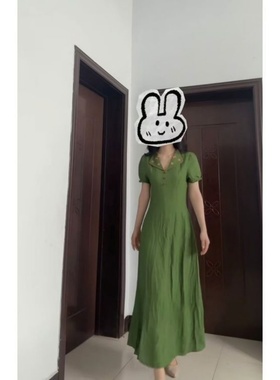 夏季新款时尚简约短袖连衣裙设计复古小清新绿色收腰显瘦中长裙女