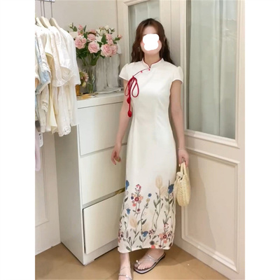 新中式国风改良旗袍裙子新款微胖今年流行独特漂亮掐腰印花连衣裙