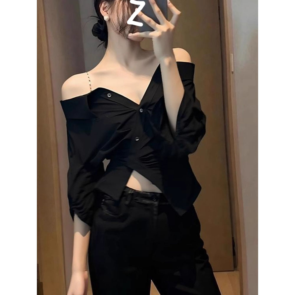 法式大码纯欲风一字肩长袖衬衫女秋季新款时尚气质显瘦百搭上衣