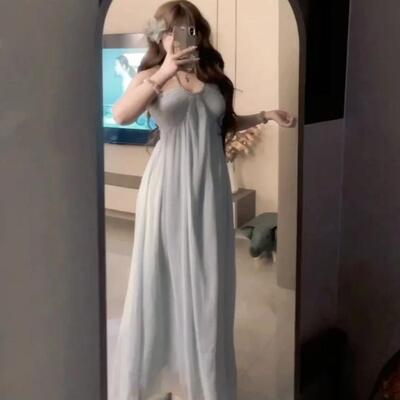 新款微胖大码法式夏季显白挂脖吊带仙女连衣裙高级感海边度假裙