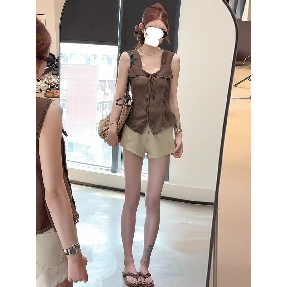 美式时尚设计感简约通勤风新款微胖花边拼接修身显瘦无袖吊带上衣