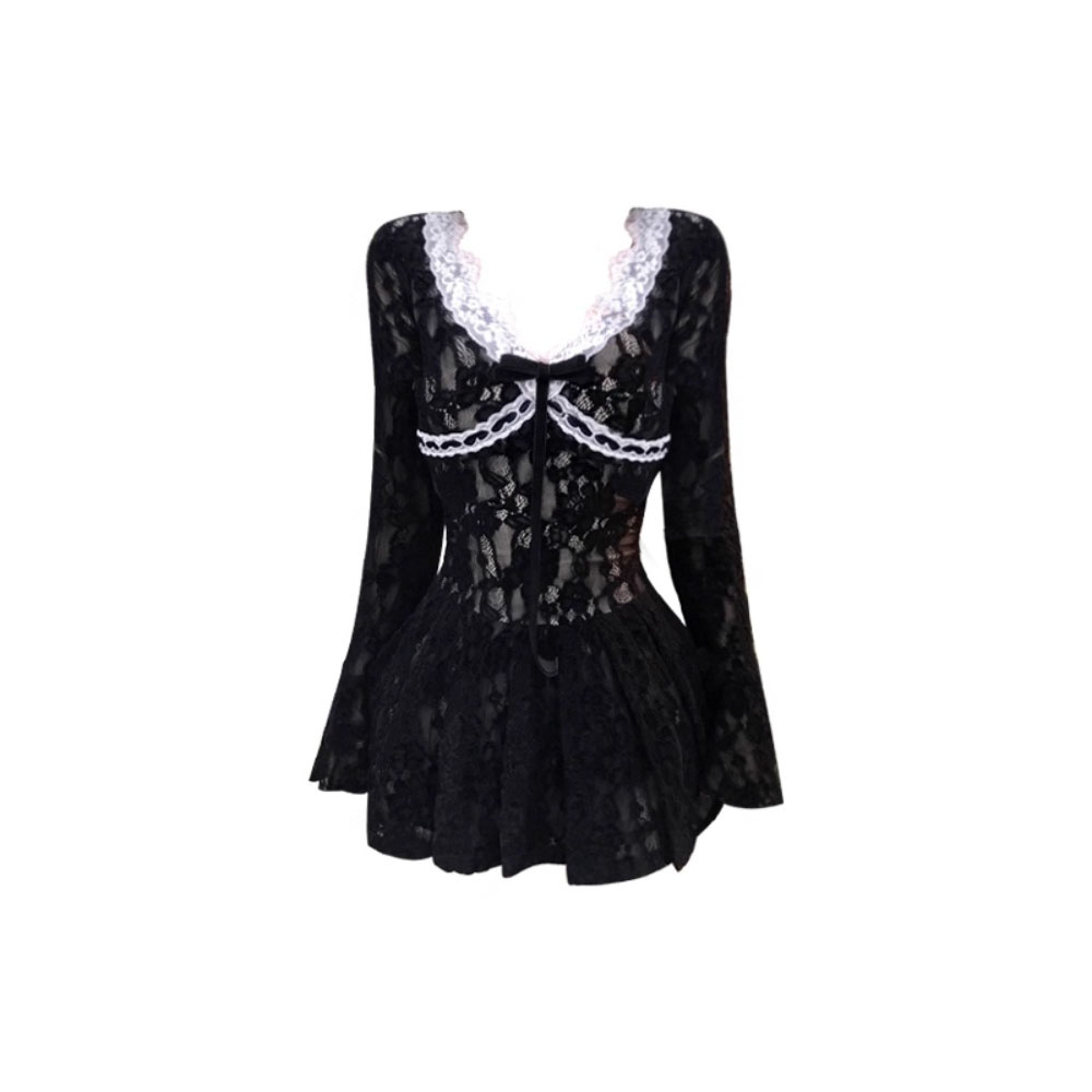 秋季新款小众气质纯欲风蕾丝设计百褶裙法式复古大码MM长袖连衣裙