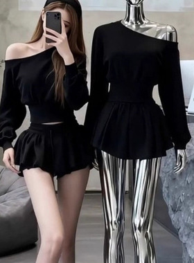 韩版微胖黑色斜肩露肩卫衣显瘦短裙两件套女秋季新款洋气减龄套装