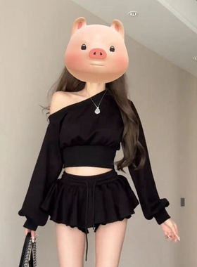 秋季小众时尚别致度假气质两件套新款斜肩长袖上衣大码蓬蓬半身裙