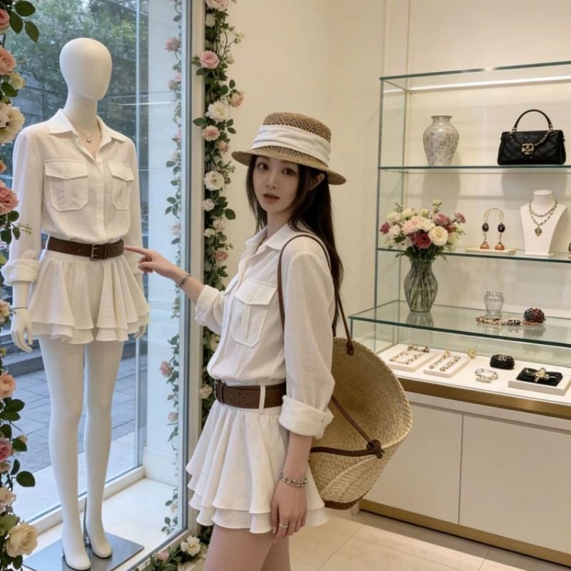 高级感白色翻领衬衫连衣裙女新款收腰设计感小众穿搭腰带套装短裙,女装/女士精品,时尚套装,淘宝优惠券,粉丝福利购,淘宝优惠卷