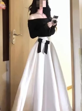 韩系小众轻奢温柔千金得体穿搭套装新款修身露肩上衣白色高腰长裙