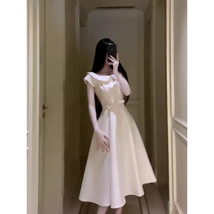 微胖蝴蝶结设计长裙子 小众高级感轻奢甜美千金风娃娃领连衣裙新款