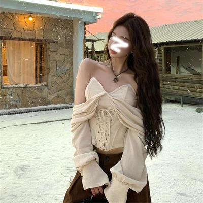 大码微胖复古收腰绑带鱼骨上衣女秋冬性感露肩设计感修身短款衬衫