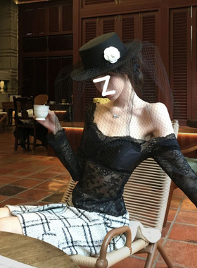 复古轻奢高级性感御姐风显瘦上衣秋季新款纯欲V领黑色蕾丝衬衫女