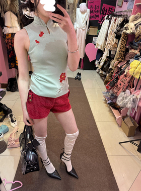 新中式国风盘扣绿色印花背心女夏季新款辣妹修身显瘦无袖百搭T恤