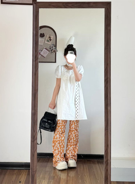 法式时尚高级感温柔风白色泡泡短袖上衣新款高腰碎花阔腿裤套装