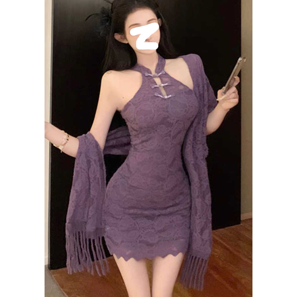 纯欲风微胖MM纯欲风紫色连衣裙新款蕾丝包臀收腰旗袍＋披肩两件套